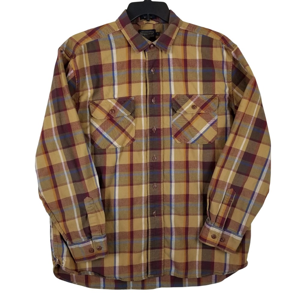 Pendleton Burnside Mens XL Plaid Flannel Shirt Mustard Yellow Burgundy Button Up